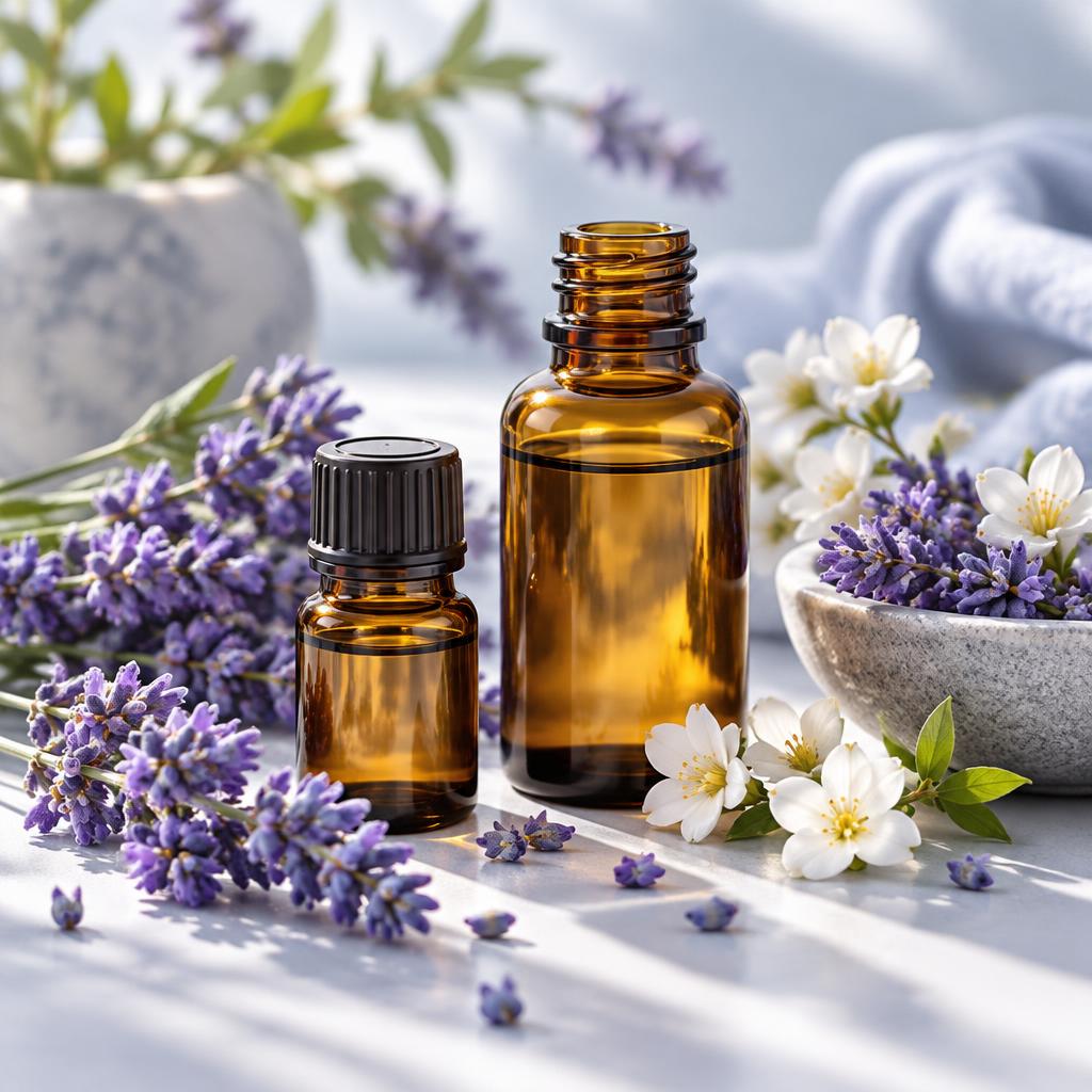 Frascos e flores de lavanda
