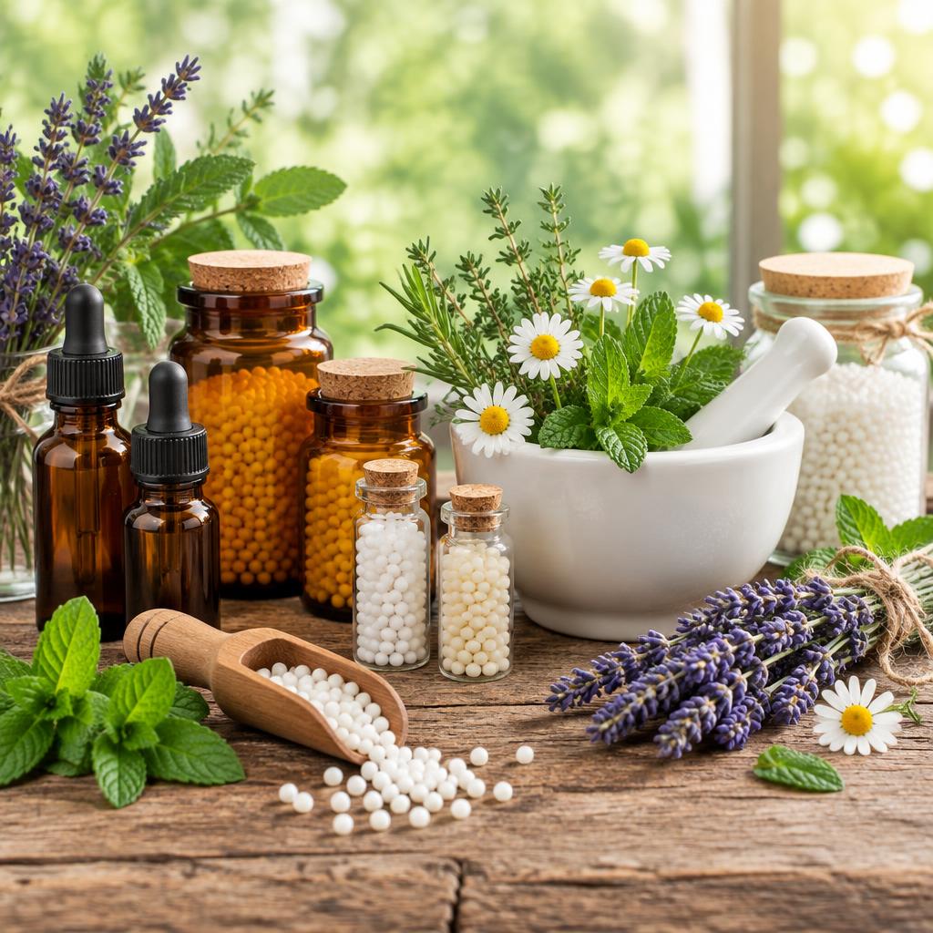 Frascos com glóbulos homeopáticos, almofariz e ervas