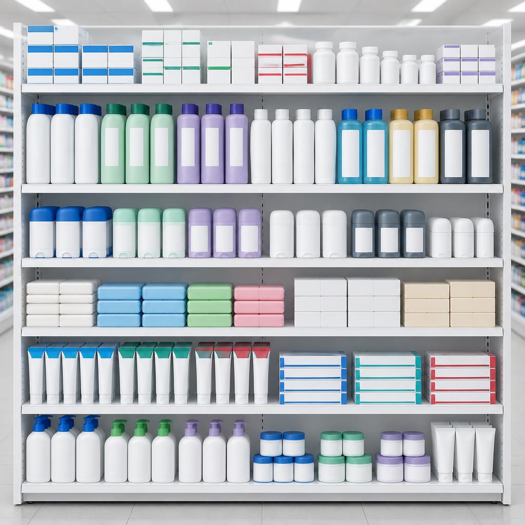 Prateleiras de drogaria com caixas de medicamentos, shampoo, desodorantes e itens de higiene